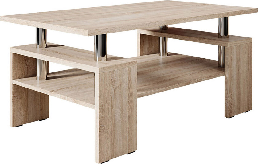 Cubeia Sofabord 110 cm med Oppbevaringshyller - Eikefarge/Krom