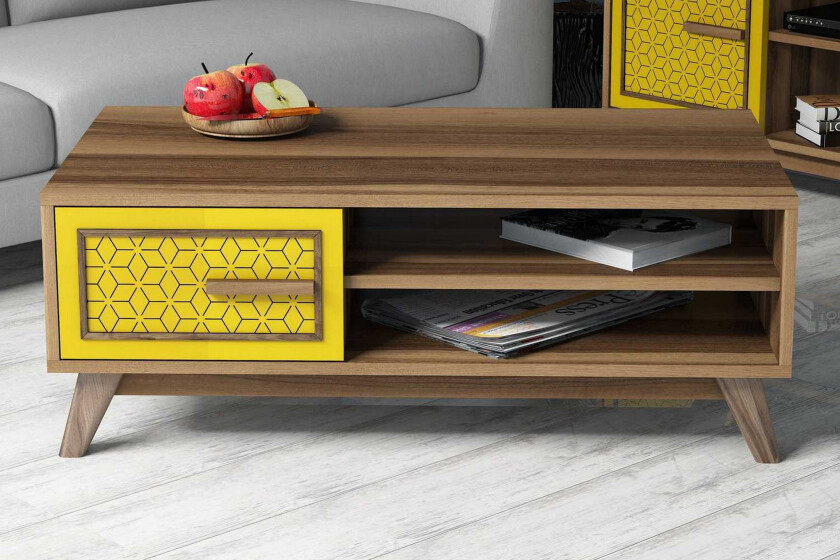 Hovdane Sofabord 105 cm Oppbevaring 2 Hyller+Skåp Diamantmøn - Brun/Gul/Eik