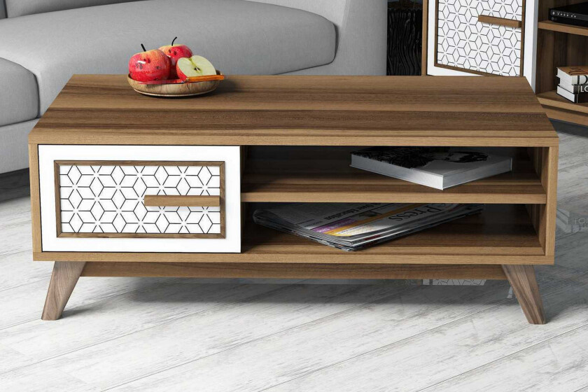 Hovdane Sofabord 105 cm Oppbevaring 2 Hyller+Skåp DiamantMøn - Eik/Hvit/Brun