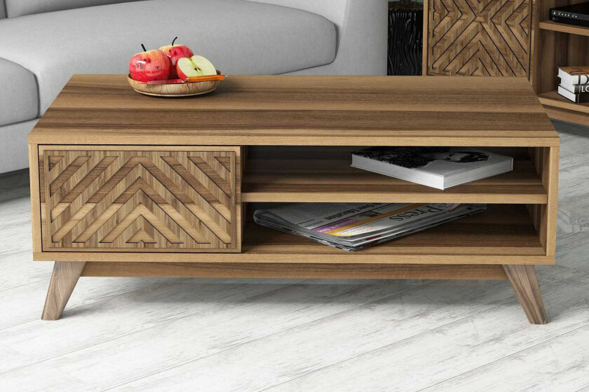 Hovdane Sofabord 105 cm med Oppbevaring 2 Hyller Linjer + Sk - Brun