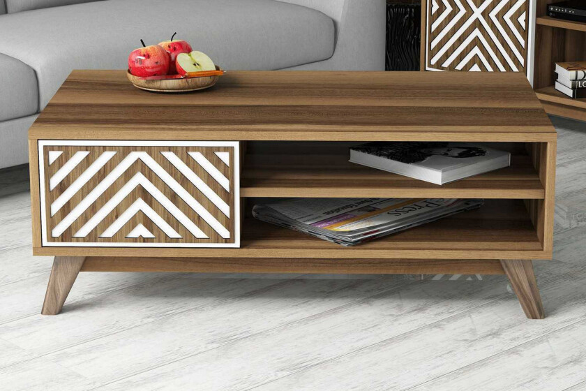 Hovdane Sofabord 105 cm med Oppbevaring 2 Hyller Linjer + Sk - Hvit/Brun