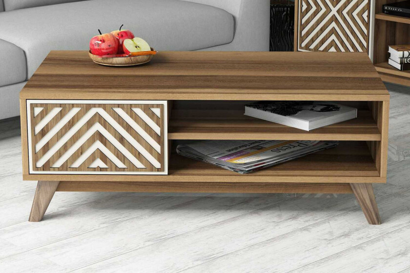 Hovdane Sofabord 105 cm med Oppbevaring 2 Hyller + Skåp Linj - Brun/Hvit/Eik