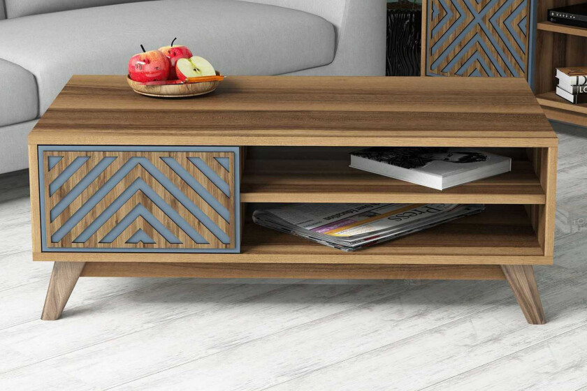 Hovdane Sofabord 105 cm med Oppbevaring 2 Hyller Linjer + Sk - Blå/Brun