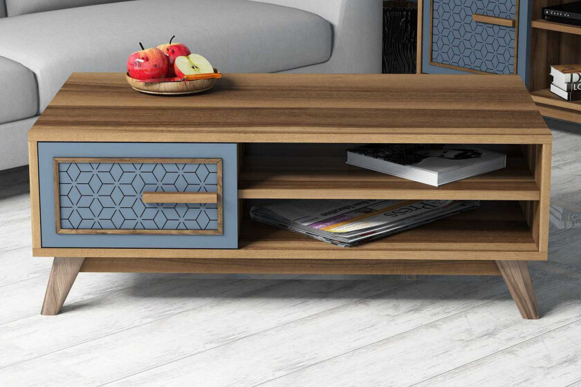 Hovdane Sofabord 105 cm Oppbevaring 2 Hyller+Skåp Diamantmøn - Brun/Blå