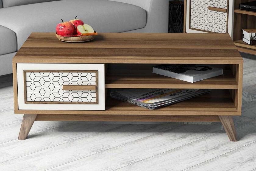 Hovdane Sofabord 105 cm Oppbevaring 2 Hyller+Skåp Diamantmøn - Brun/Hvit