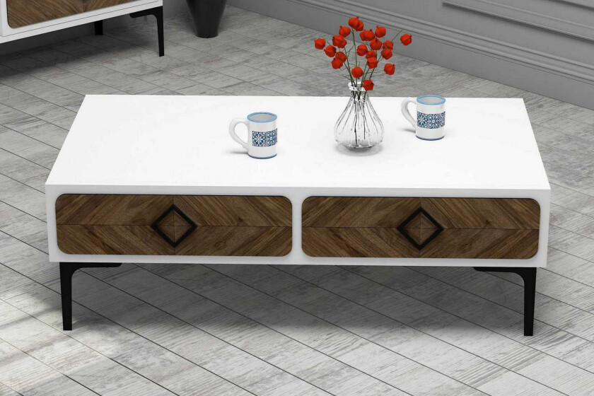 Hovdane Sofabord 105 cm med Oppbevaring Hylle Fiskebensmønst - Hvit/Brun