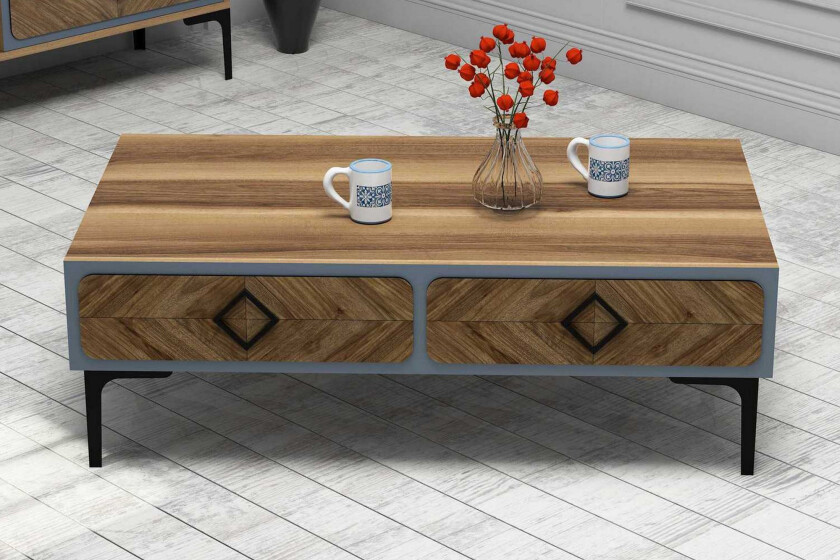 Hovdane Sofabord 105 cm med Oppbevaring Hylle Fiskebensmønst - Brun/Blå