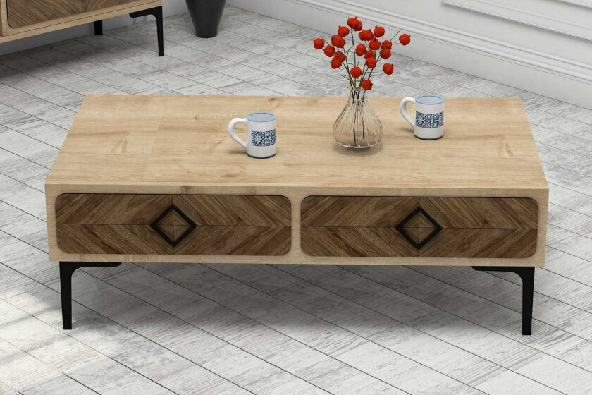 Hovdane Sofabord 105 cm med Oppbevaring Hylle Fiskbensmønste - Lysebrun