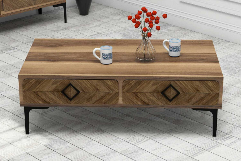 Hovdane Sofabord 105 cm med Oppbevaring Hylle Fiskebensmønst - Brun