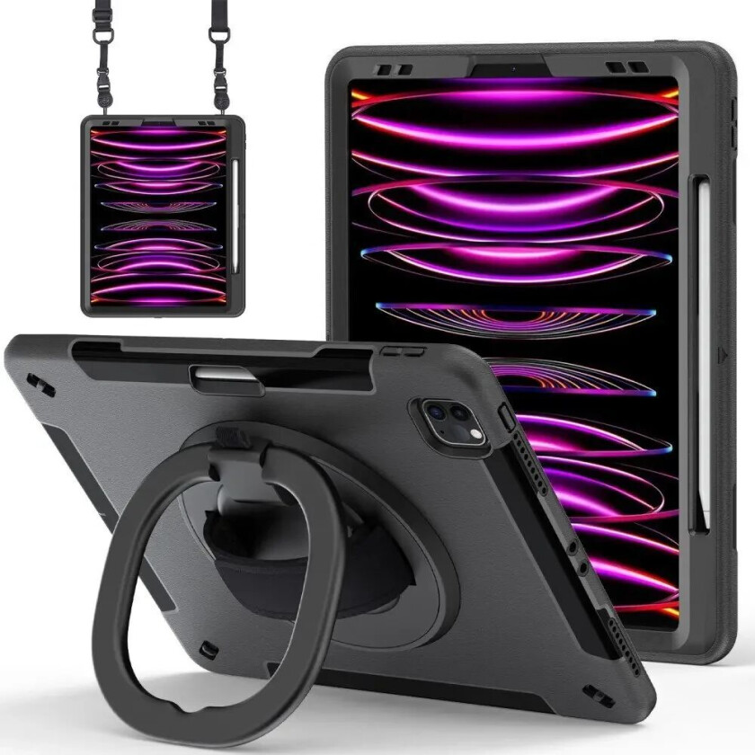 iPad Air 13" (2024) / Pro 12.9" (2022 / 2021 / 2020 / 2018) Håndverksdeksel med Beskyttelsesfilm og Skulderreim - Svart