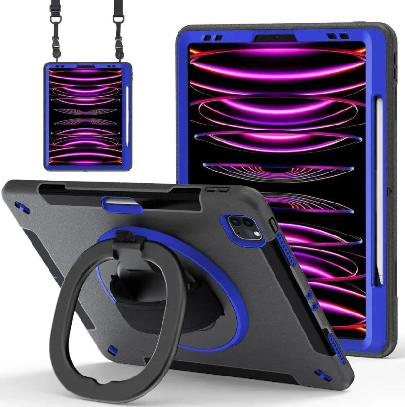 iPad Air 13" (2024) / Pro 12.9" (2022 / 2021 / 2020 / 2018) Håndverksdeksel med Beskyttelsesfilm og Skulderreim - Svart / Koboltblå