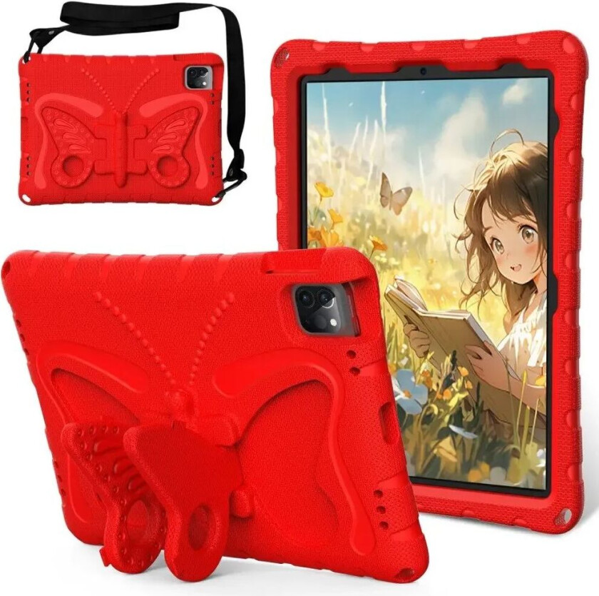 iPad Air / Pro 13" (2024) / Pro 12.9" (2022-2018) Butterfly Kickstand Barnedeksel - Rød