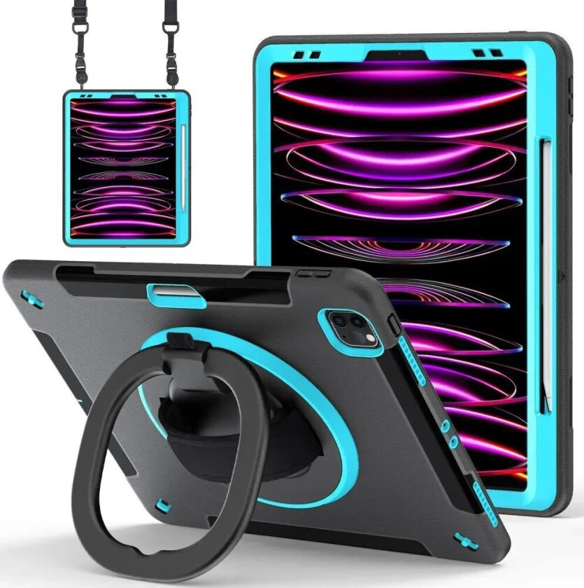 iPad Air 13" (2024) / Pro 12.9" (2022 / 2021 / 2020 / 2018) Håndverksdeksel med Beskyttelsesfilm og Skulderreim - Svart / Lyse Blå