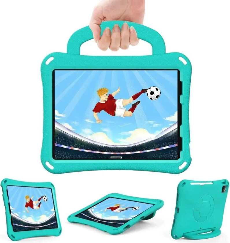 iPad Air 10.9" (2022 / 2020) / Pro 11" (2024-2018) Barnedeksel - Fotball - Stativ og Håndtak - Mintgrønn