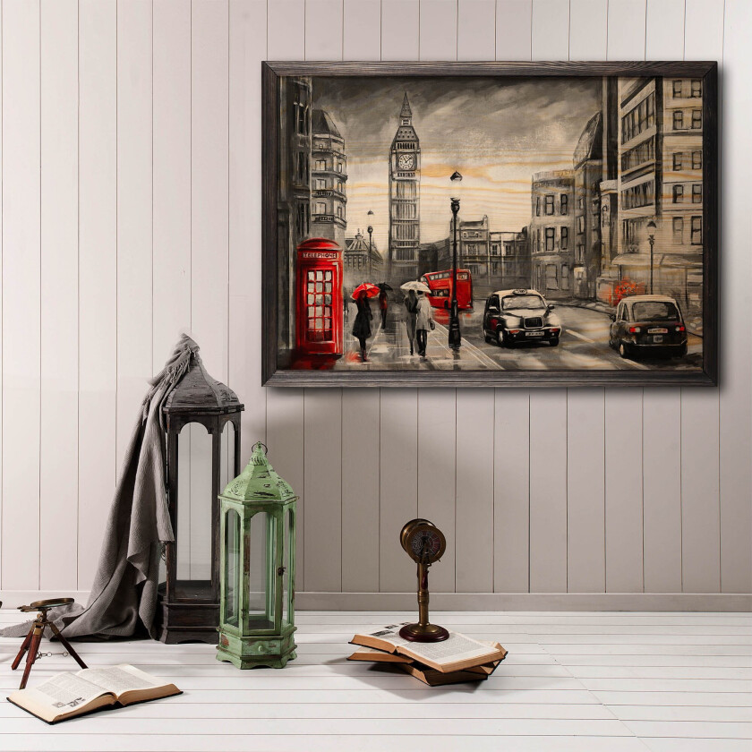 Vintage London Illustrasjon Grå/Svart/Rød/Beige - 50x35 cm