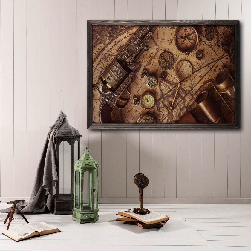 Historical Map, Compass & Watch Foto Beige/Brun - 70x50 cm