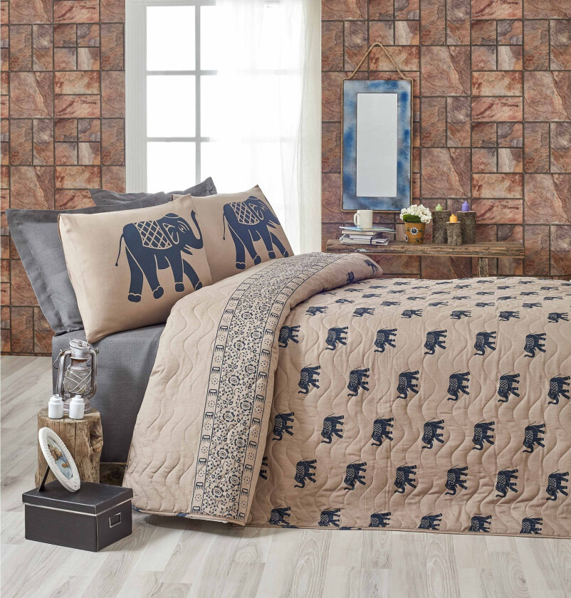 Eponj Home Sengeteppe Dobbelt 200x220+2 Putetrekk Quiltet - Blå/Ljusbrun