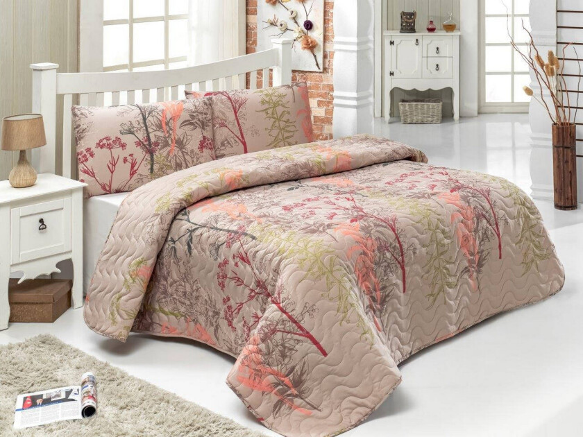 Eponj Home Sengeteppe Dobbelt 200x220+2 Putetrekk Quiltet - Beige/Rød/Rosa/Grønn