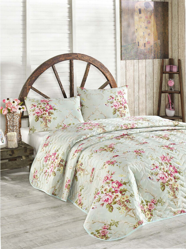 Eponj Home Sengeteppe Dobbelt 200x220+2 Putetrekk Quiltet - Mint/Rosa/Gul/Grønn