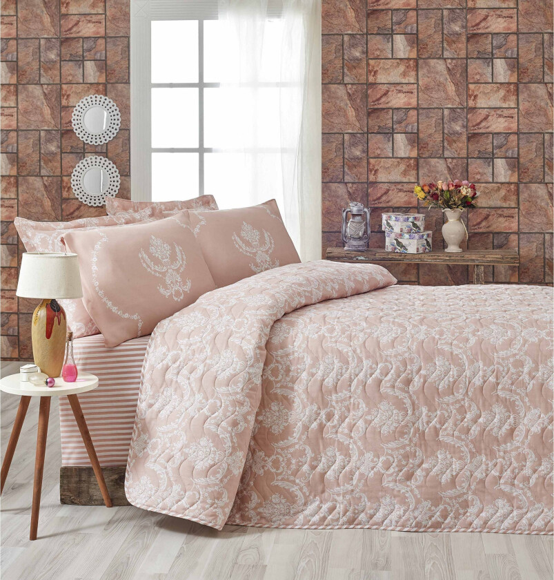 Eponj Home Sengeteppe Dobbelt 200x220+2 Putetrekk Quiltet - Rosa/Hvit