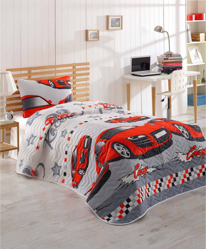 Eponj Home Sengeteppe Enkelt 160x220+Putetrekk Quiltet - Rød/Grå/Hvit