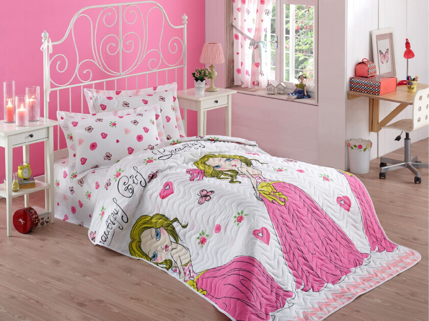 Eponj Home Sengeteppe Enkelt 160x220+Putetrekk Quiltet - Hvit/Rosa/Gul