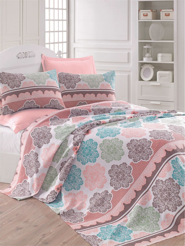 Eponj Home Sengeteppe Enkelt 160x235 cm - Turkis/Rosa/Krem