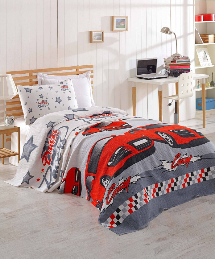 Eponj Home Sengeteppe Enkelt 160x235 cm - Hvit/Grå/Rød