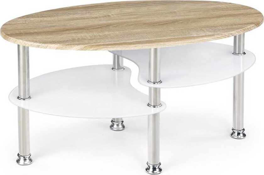 Shaiyan Sofabord 90 cm Ovalt med Oppbevaringshylle - Hvit/Eikefarge