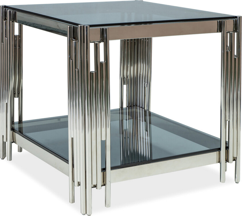 Fossilana Sofabord 55 cm med Oppbevaring Hylle - Røykfarget Glass/Krom