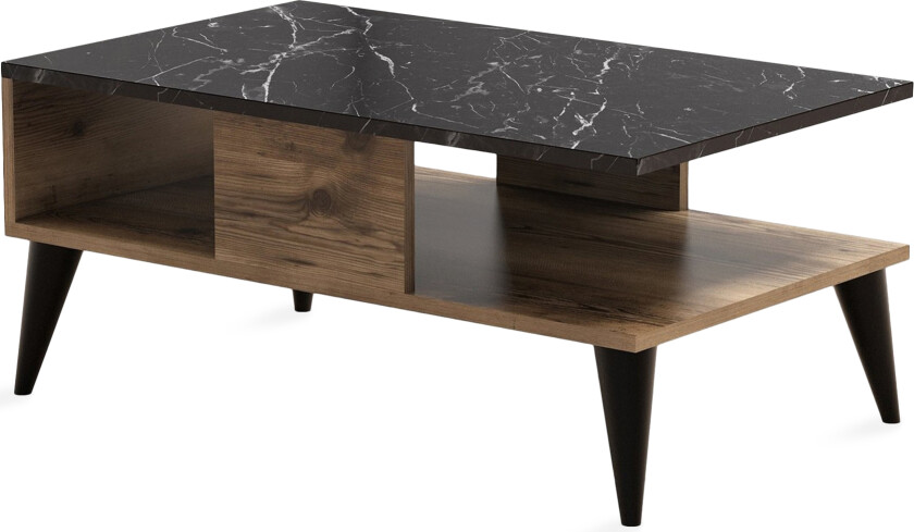 Bilde av Sharod Sofabord 90 cm med Oppbevaringshylle Marmormønster - Valnøttsbrun/Svart