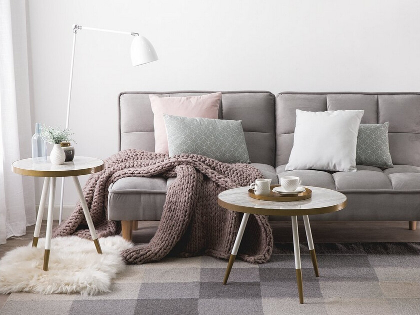 Rammeonia Sofabord 61 cm Rundt Marmormønster - Hvit/Gull