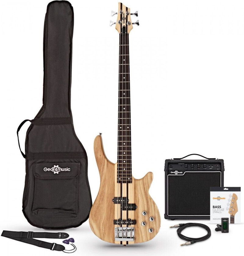 Gear4Music Chicago Neck Thru Bassgitar + 15W Forsterkerpakke Naturlig