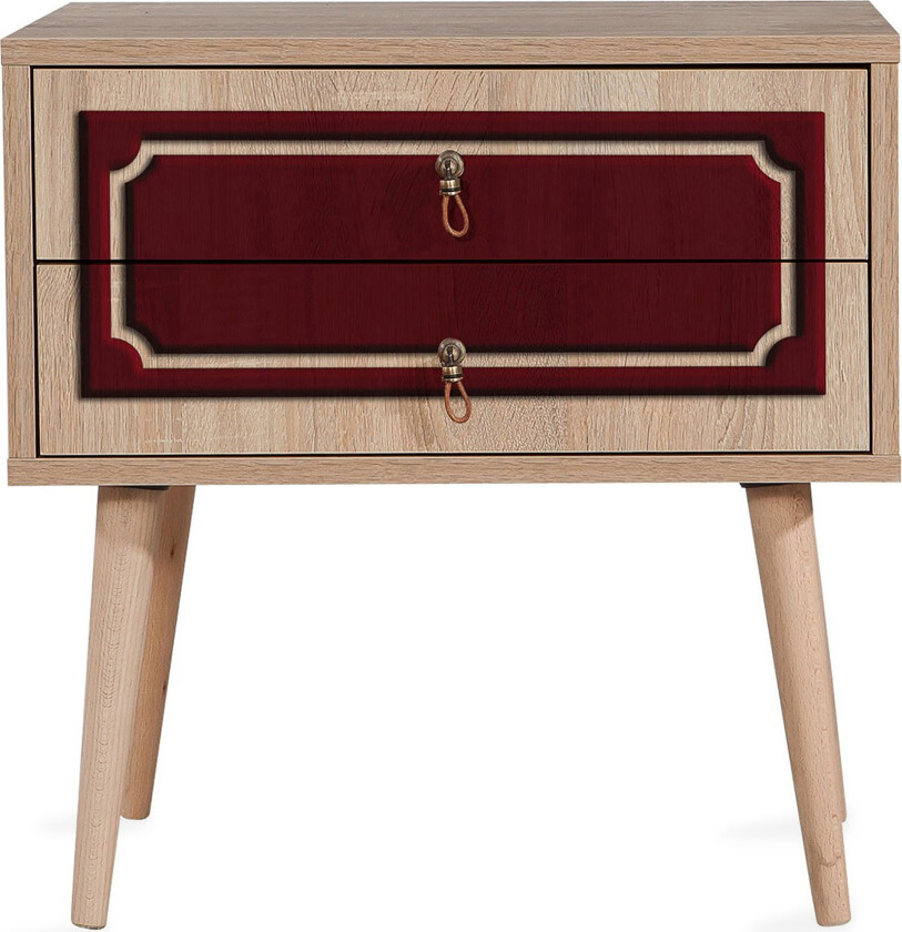 Brokind Nattbord 60 cm med Oppbevaring 2 Skuffer DEikor - Natur/Rød