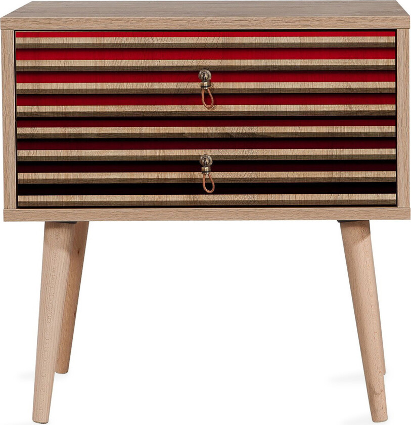 Brokind Nattbord 60 cm med Oppbevaring 2 Skuffer Striper - Natur/Rød