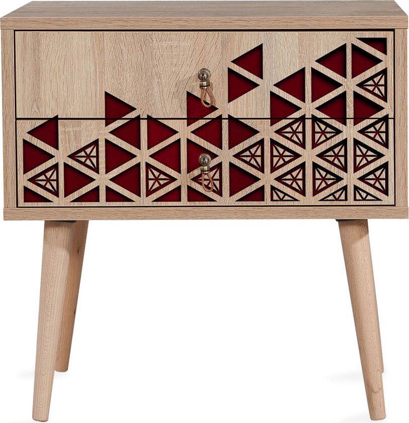 Brokind Nattbord 60 cm med Oppbevaring 2 Skuffer Trianglar - Natur/Rød