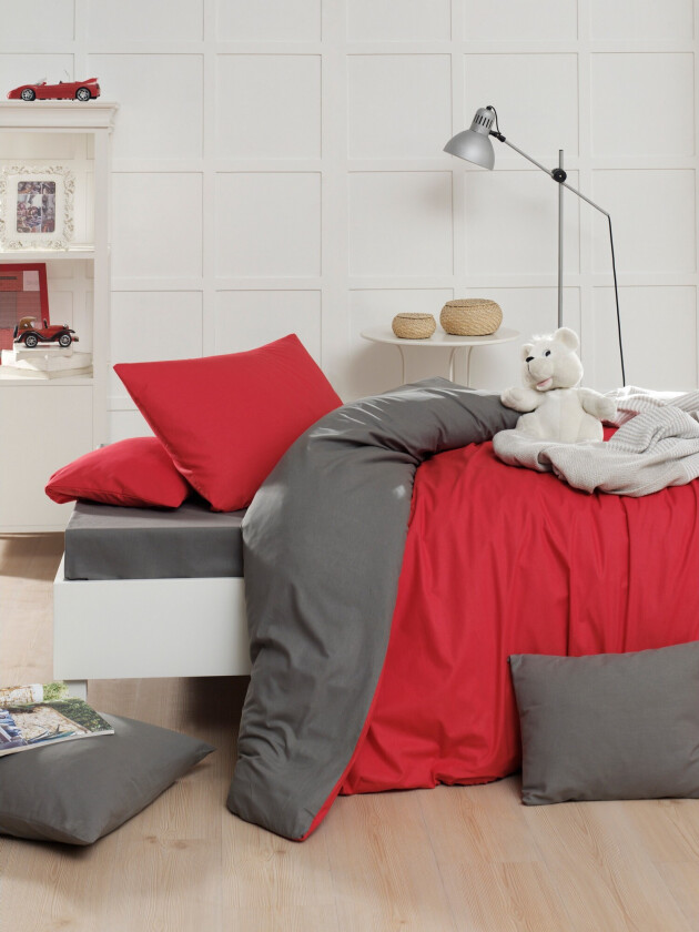 Kosmol Sengesett 2-Delt 150x210 / 50x60 cm - Rød / Grå