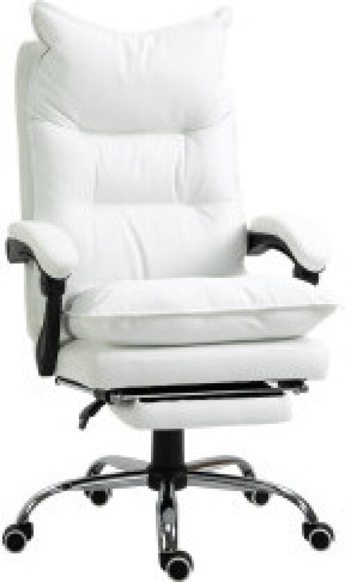 Kontorstol Med Fotstøtte, Høydejusterbar Skrivebordsstol, Svingstol, Ryggstøtte, Kunstskinn, Hvit, 66 X 72 X 122-130 Cm