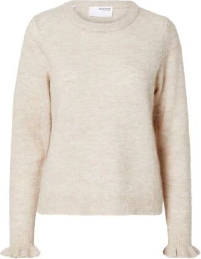 Lulu Ls Knit Frill Cuff O-Neck - Birch Melange M