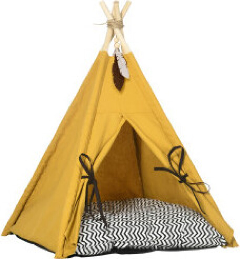 Cat House Tipi Telt Hundeseng Med Pute Sklisikker Med Lekeball Laget Av Furu Innendørs I Gult