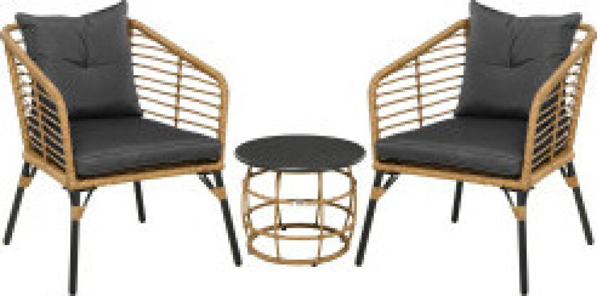 Hagemøbelsett I Rotting, 3 Stk. Sittegruppe, Inkludert Salongbord Og 2 Stoler, Bistrosett Med Puter, Balkongmøbler, Sand + Mørke