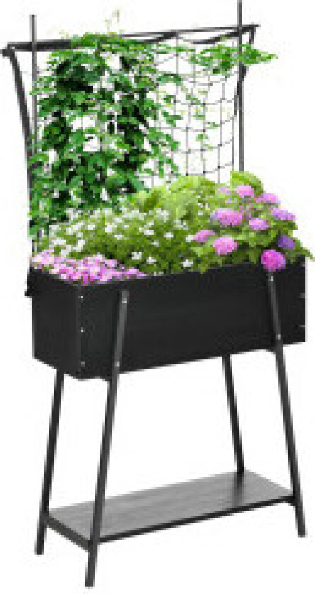 Raised Bed Trellis Flower Box Med Hylle, Værbestandig For Uteplass, Heltre, Svart, 89X34X168Cm