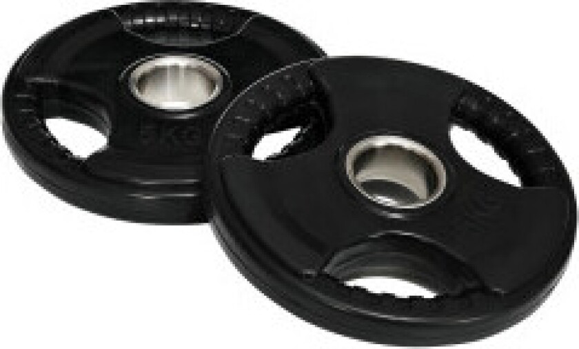 Bilde av Vektskiver Sett Med 2 Stk Tri-Grip 2 X 5 Kg Gummierte Olympiske Plater, Gulvvennlig, 5 Cm Boring, Tre Håndtak, Styrketrening