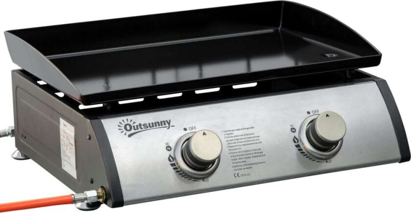 Bordgrill Gassgrill Bbq Med 2 Brennere, Bordgassgrill Med Slange, Non-Stick Grillplate, Campinggrill, Rustfritt Stål + Metall, Sølv