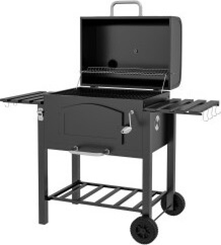 Charcoal Grill Bbq Hagegrill Med Lokk, Hyller, Røyker, Varmeplate, Hyller, Transporthjul, Metall