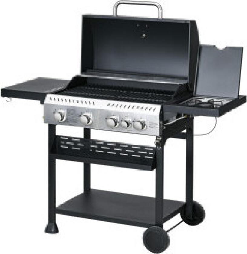 Gassgrill 2,5 Kw Grillvogn Med 4+1 Brennere, Termometer, Bbq Grill Med Hjul, Sidehylle, Krok, Hylle, Campinggrill Svart
