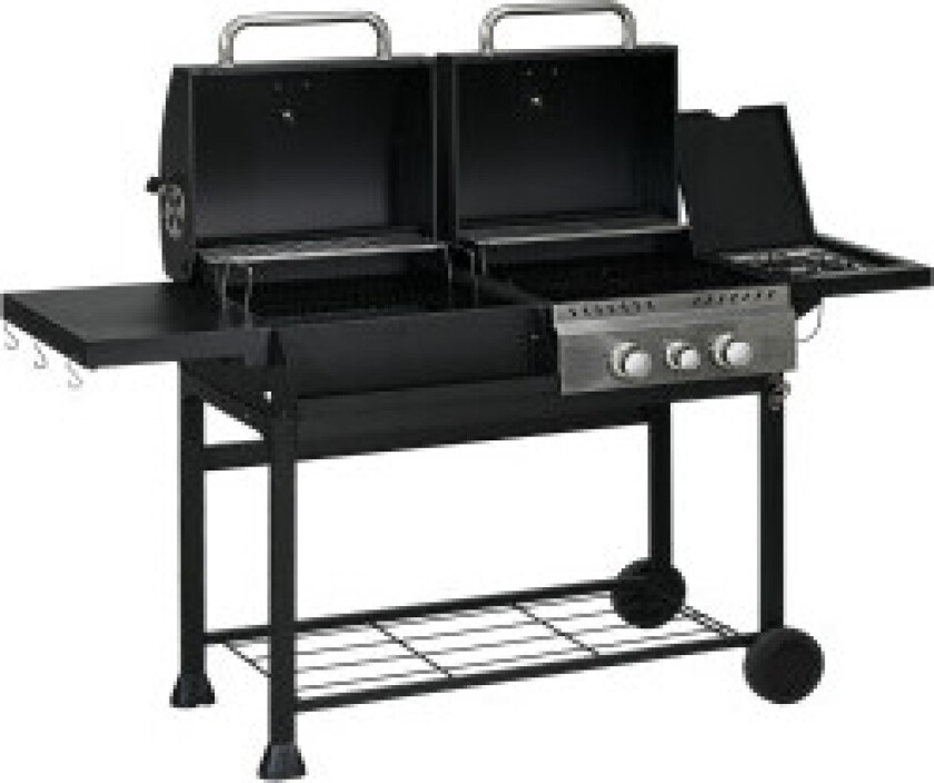 Gassgrillvogn Med 2+1 Brenner, Termometer, 3Kw, Bbq Kullgrill, Hylle, Sidehylle, Krok, Camping, Svart