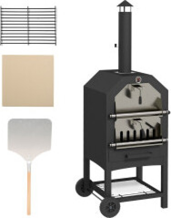 2-I-1 Pizzaovn, Utendørs Grillovn Med Pizzastein, Askerom, 2 Grillstativ, Vedovn Med Hjul, Termometer, For Hage, Svart