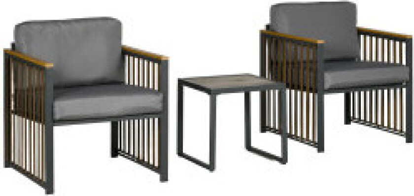 3-Delt Hagemøbelsett, Bistrosett Med Salongbord, 2 Stoler, Hage Sittegruppe Med Puter, Hagesett, Balkongmøbler Til Terrasse, Grå