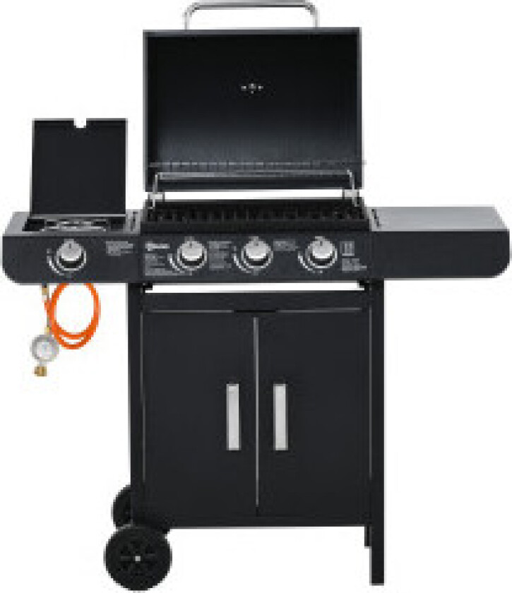 Gass Grill Bbq Grillvogn Med 3 Brennere 1 Sidebrenner Trykkreduserende Slanger Skap Multifunksjon Stål Svart 110 X 50 X 100 Cm